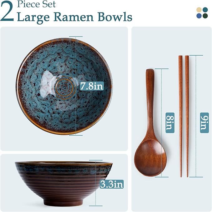 NUTRIUPS 8 Inch Ceramic Ramen Bowl Set of 2 Pho Bowls Japanese Noodle Udon Soup Bowls with Spoons and Chopsticks (Peacock Tail)