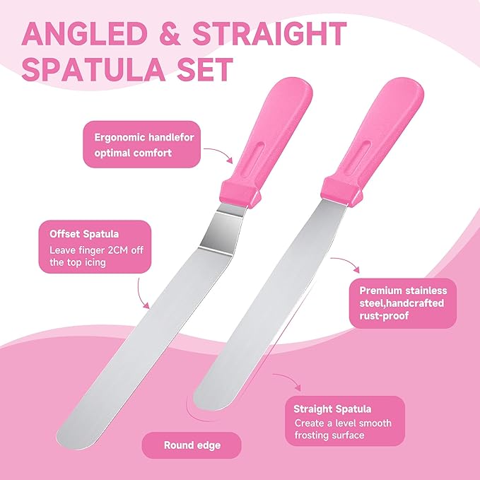 Cake Decorating Kit,137pcs Cake Decorating Supplies with Cake Turntable for Decorating,Pastry Piping Bag,Russian Piping Tips Baking Tools, Cake Baking Supplies for Beginners(Pink)