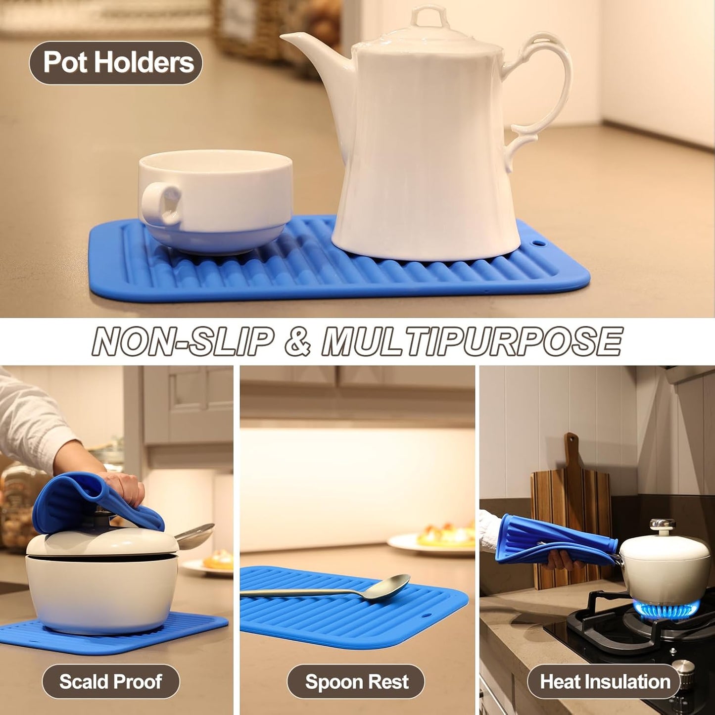 Joyhalo 4 Pack Silicone Trivets for Hot Pots and Pans,480℉ Heat Resistant Trivets for Hot Dishes,Hot Pads for Countertop,Kitchen Potholders,True Blue