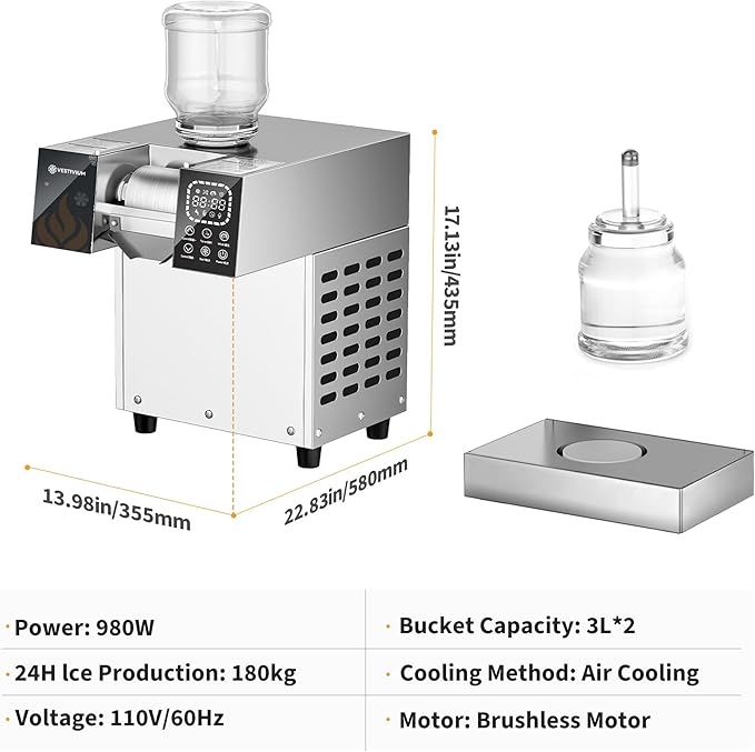 Snowflake Ice Machine, Commercial Shaved Ice Machine, Electric Snow Cone Maker, 10 Gears Adjustable Speed for Home, Outdoor Kitchen, Restaurant, Bakery, Café (Air Cooling, 180kg/24H)