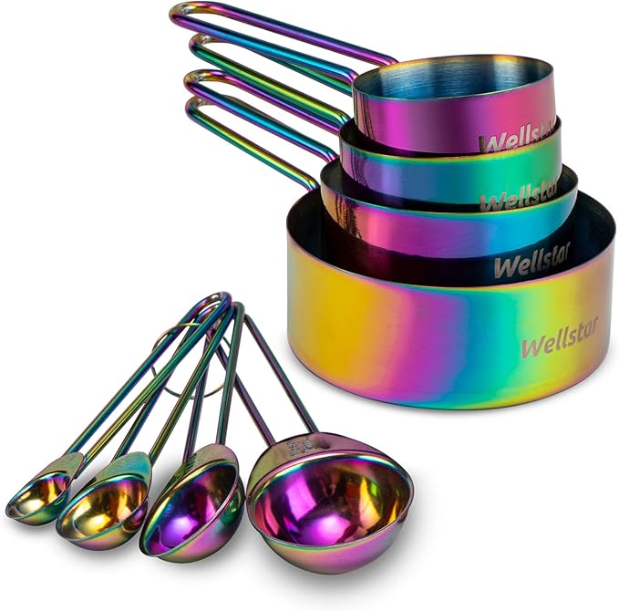 WELLSTAR Measuring Cups and Spoons Set of 8, Food Grade 18/8 Stainless Steel Measure set for Dry Liquid Measurement, Rainbow Titanium Coated Kitchen Gadgets for Cooking Baking, 4 Cup and 4 Spoon