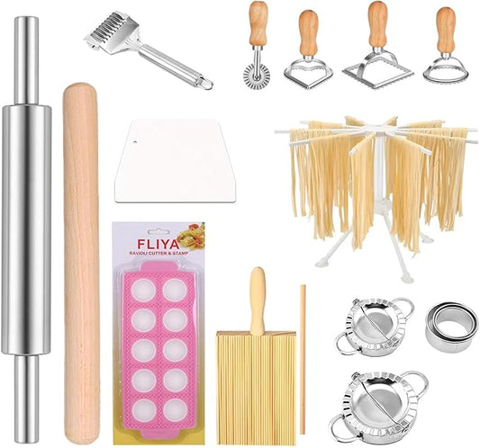 16PCS Pasta Making Tools Set Include 1 Pasta Drying Rack 1 Gnocchi Board 1 Dough Scraper 1 stainless steel Rolling Pin 4 Ravioli Maker Cutter 2 Dumpling Maker Tool 1 Noodle Cutter For Homemade Pasta