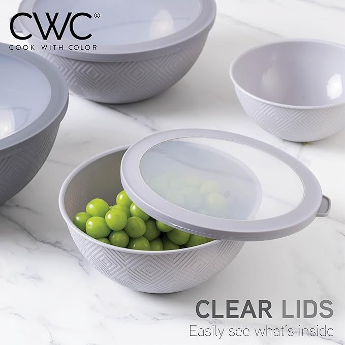 COOK WITH COLOR Mixing Bowls with Lids - 12 Piece Plastic Nesting Bowls Set includes 6 Prep Bowls and 6 Lids, Rhombus Design - Microwave Safe (Grey)