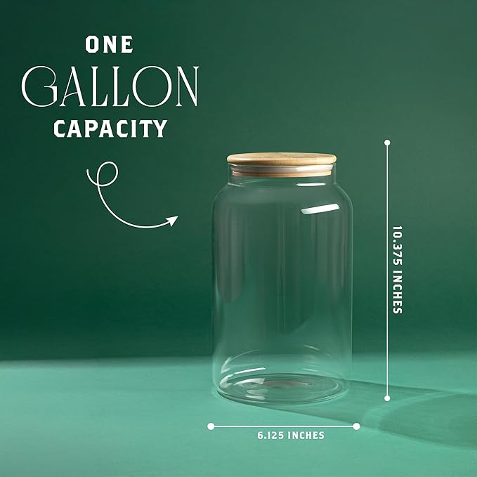 1 Gallon Glass Large Jar with Airtight Bamboo Lid - Strong Clear Borosilicate Canister for Kitchen Food Storage Organizing, Terrarium, Pantry Decorative Container & Laundry Room - Pack of 1