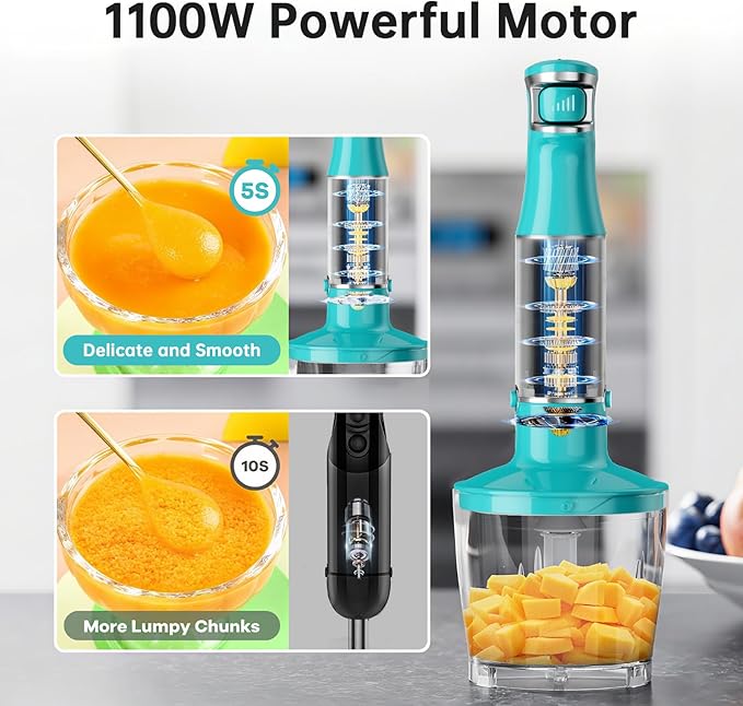 Immersion Blender Handheld Corded Hand Blenders Set 1100W, Trigger Variable Speed 5 in 1 Stick Emulsifier with Chopper, Whisk and Frother for Soup, Baby Food and Smoothies, Cyan Blue