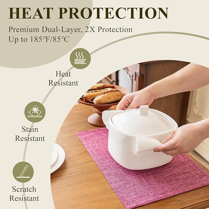 KXN Placemats Set of 8, Dual-Layer Thickened Faux Linen Table Mats, Heat Resistant & Wrinkle-Free, Machine Washable Cloth Place Mats for Kitchen Dining Indoor Outdoor (Pink)