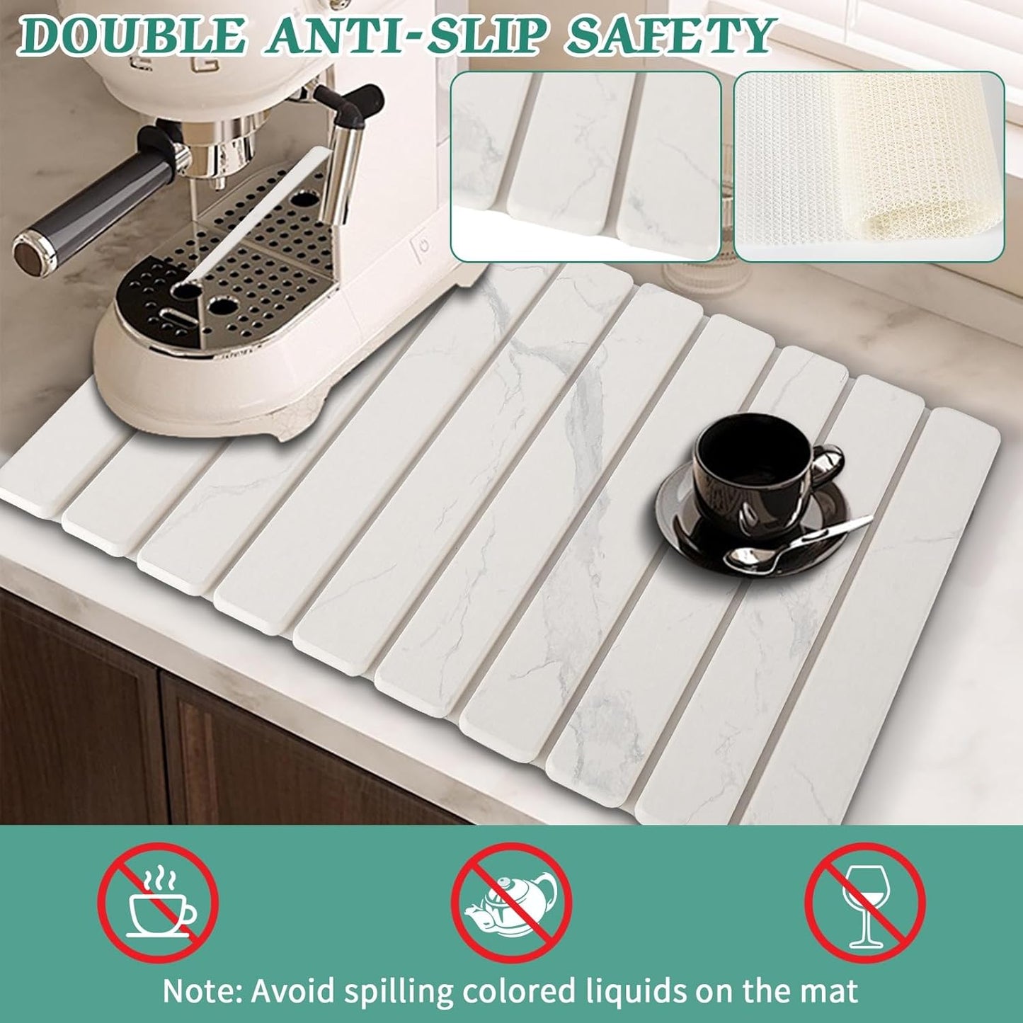 Stone Dish Drying Mat for Kitchen Counter, 24''×15'' White Marble Dishes Drying Matt Kitchen Counter, Absorbent Diatomaceous Earth Bath Quick Dry Mats for Tableware, Bottles and Cup