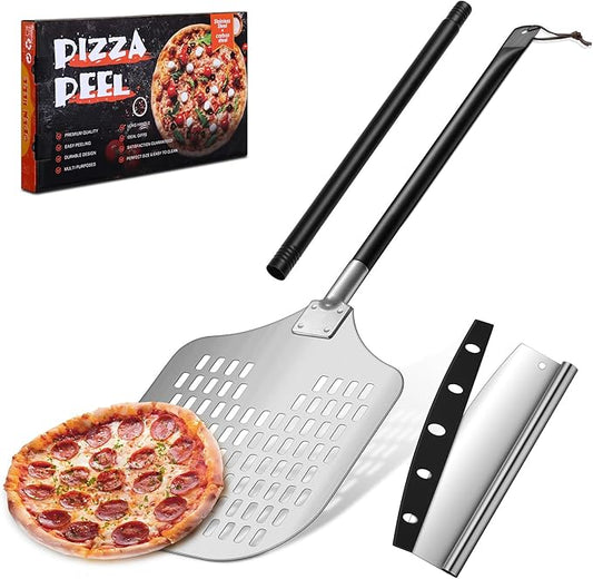 12 Inch Perforated Pizza Peel Aluminum Pizzas Spatula, Joyfair 12’’ x 14’’ Metal Pizza Paddle with Rocker Cutter Pizza Oven Accessories Turning Tool Set, Easy Cleanup (Detachable Handle)