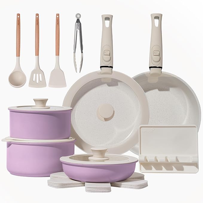 Pots and Pans Set Healthy Non toxic Non Stick Ceramic Cookware Set 21 Pcs Detachable Handles, Oven Safe, Induction Dishwasher, Stackable Frying Pan (PFOS, PFOA Free),Pink