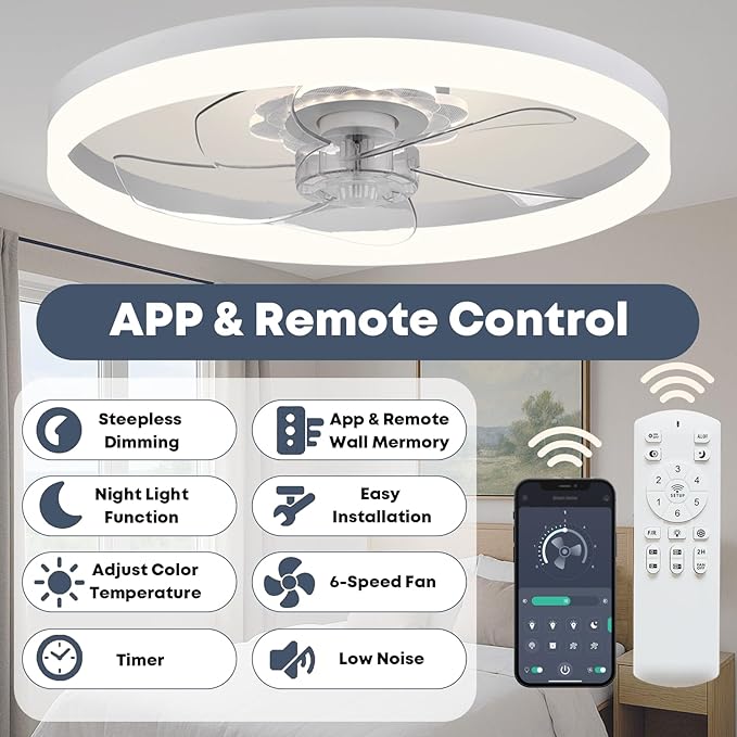 23.6'' Ceiling Fan with Light, Upgraded Low Profile Fan, Flush Mount Ceiling Fan, 6 Speeds, Dimmable LED, App & Remote Control, Quiet DC Motor, for Bedroom, Living Room, F115 White