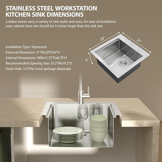Lordear Drop In Outdoor Kitchen Sink Workstation with Pull-out Faucet 21" x 20" Bar Prep Sink 16 Gauge Stainless Steel Single Bowl Small Kitchen Camper Wet Bar Mobile Home RV Basin with Cover