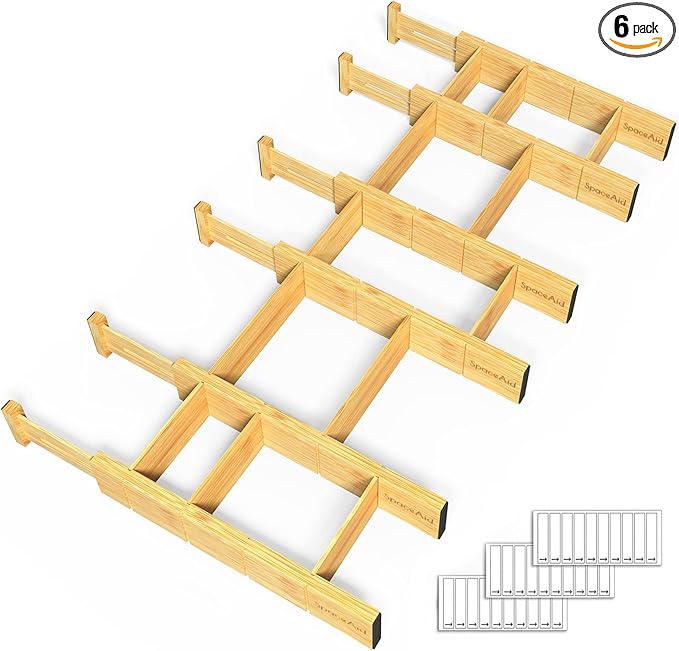 SpaceAid Bamboo Drawer Dividers with Inserts and Labels, Kitchen Adjustable Drawer Organizers, Expandable Organization for Home, Office, Dressers and Bathroom, 6 Dividers with 12 Inserts (13.25-17 in)