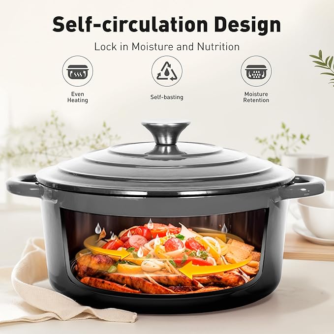 MAISON ARTS Enamel Cast Iron 7 Piece Cookware Set, Dutch Oven Pot with Lid, Grey Non Stick Pots and Pans set, Oven Safe up to 500°F