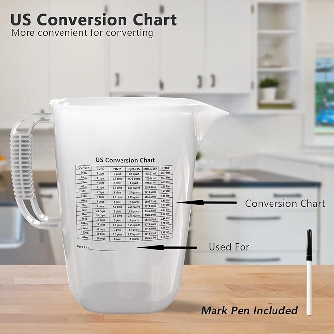 Luvan 1 Gallon Measuring Pitcher, Large Measuring Cup with Spout and Handle, 134oz Plastic measuring pitcher with Conversion Chart, 1 Gallon Measuring Container for Motor Oil, Chemicals, Pools, Lawns