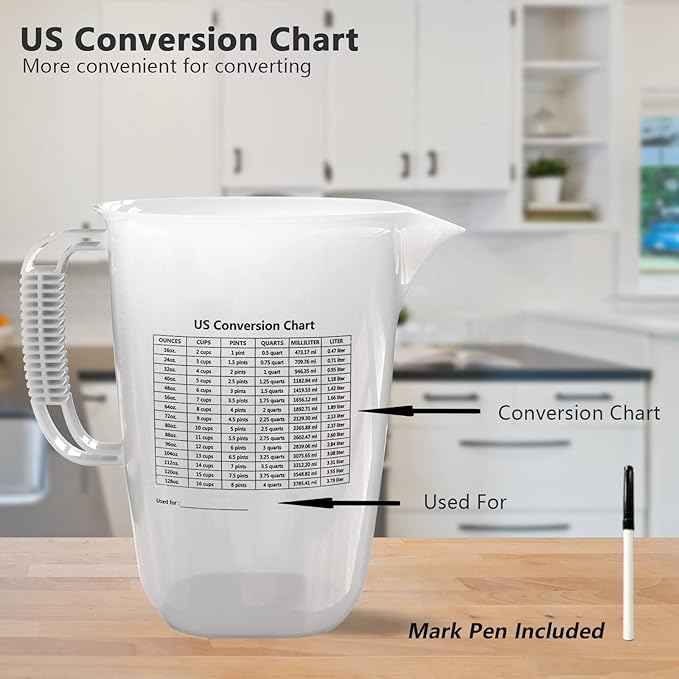 1 Gallon Measuring Pitcher, 134oz Extra Large Measure Pitcher-Convenient Conversion Chart-Strong Handle, Heat Resistant Plastic 1 Gallon Measuring Container for Pool Chemicals,Motor Oil, Lawn and Cook