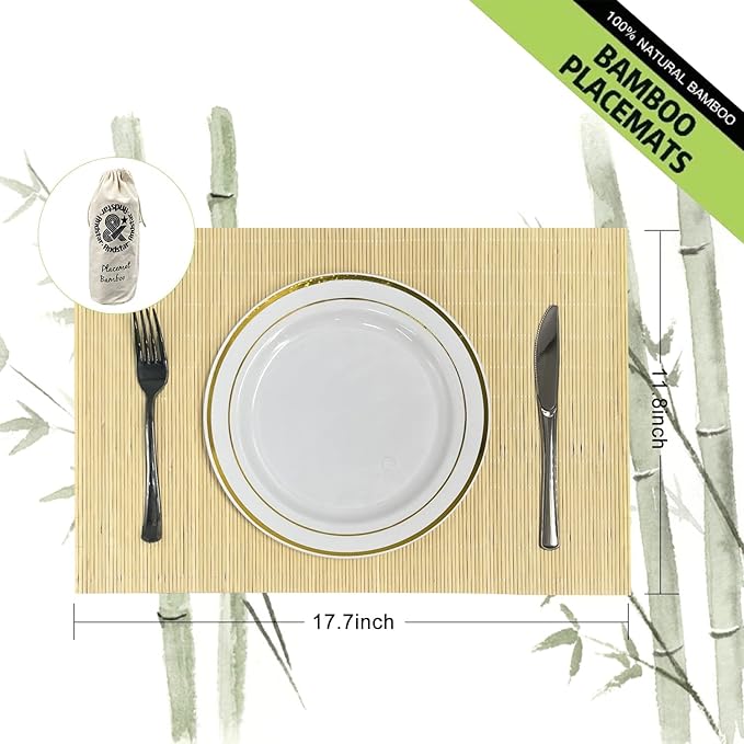 ANDSTAR Set of 12 Pcs Bamboo Placemats - Natural & Brown & Black, Anti-Slip, Heat-Resistant, Washable Table Mats for Dining and Kitchen