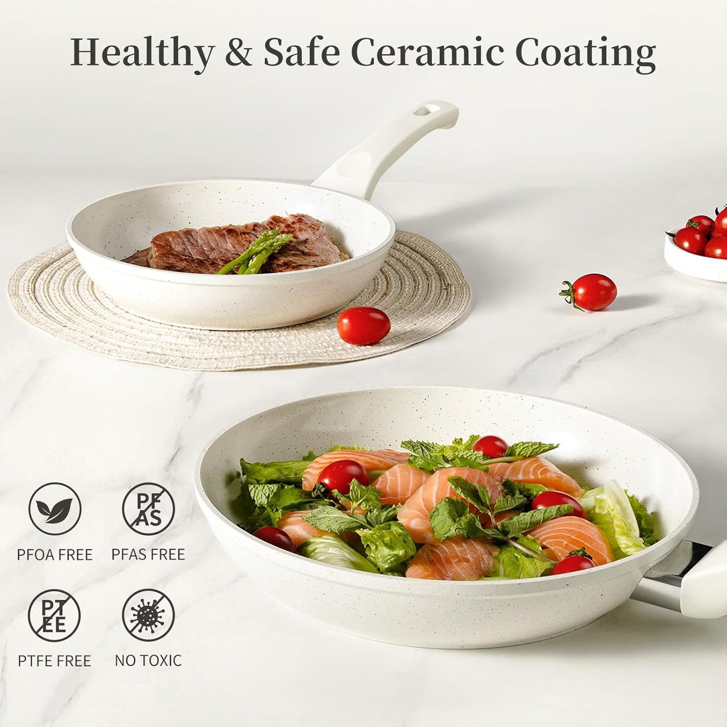 Ceramic Nonstick Frying Pan Set - White Pans With Lids, Induction Skillets for Eggs & Omelets, Healthy No Toxic Cookware, PFOA&PFAS Free