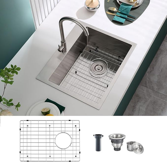 22 inch Drop-in Kitchen Sink Single Bowl, Small Topmount Kitchen Sink with Protective Bottom Grid, Overmount 304 Stainless Steel Kitchen Bar Sink Handmade with Basket Strainer, 22×18×9 inch