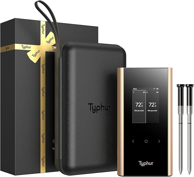 Typhur Sync Gold Dual Gift Set, WiFi Wireless Meat Thermometer with 2 Slim Probes & Storage Case, 6 Sensors, 10x Stronger Signal, Smart Base, ±0.5℉ Accuracy, Grill BBQ Christmas Gifts for Men