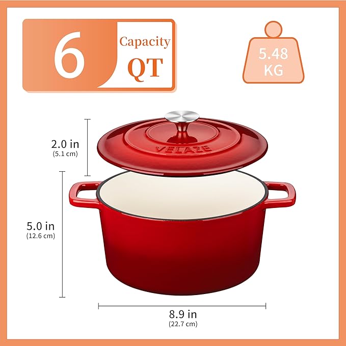 Velaze 6 QT Enameled Cast Iron Dutch Oven, Dual Handles Pot with Lid, Heavy-Duty Non-stick Round Oven for Bread Baking, Stewing, Roasting, Good Sealing for All Heat Source (Red)