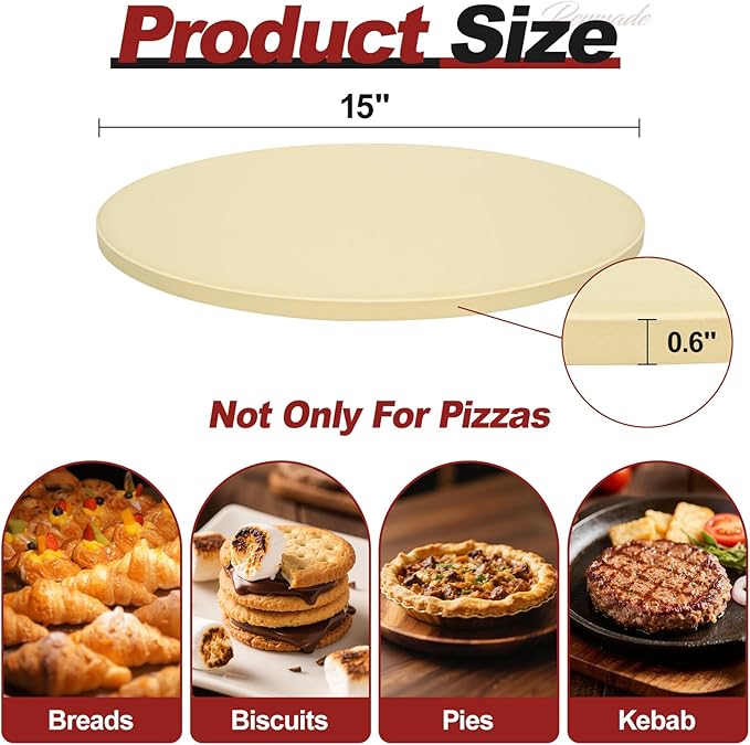 Round Pizza Stone for Grill and Oven- 15 inch Baking Stone Heavy-Duty Cordierite Pizza Stone for Bread, Cookies, Heat Proof BBQ Grilling Cooking Stone for Making Crisp Crust Pizza (Beige)
