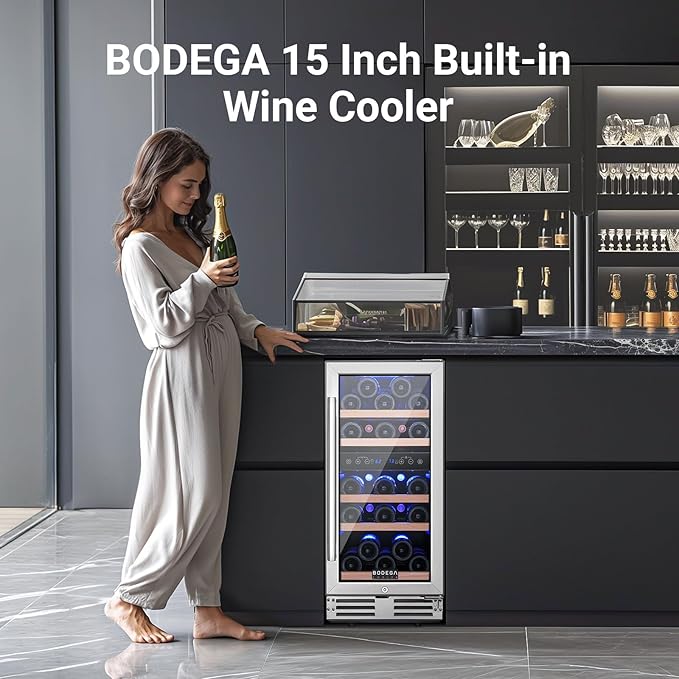 BODEGA 15 Inch Wine Cooler Dual Zone, 30 Bottle, Built-In or Under Counter Freestanding Wine Cooler Refrigerator With Stainless Steel Handle, Wine Fridge With Lock, Energy Efficient,For Home, Kitchen