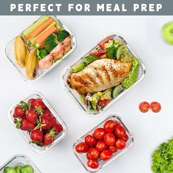 KAMOTA Glass Food Storage Containers, 10 Pack Glass Meal Prep Containers, Airtight Containers with Snap-Lock Lids, 34 oz and 13 oz white Container Set with Lids, for Microwave/Oven/Freezer