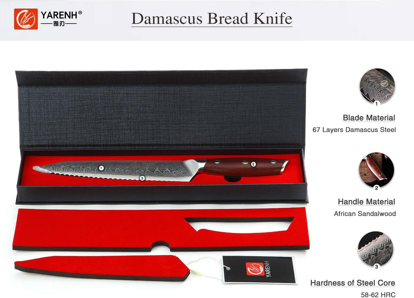 YARENH Damascus Bread Knife - 8-Inch Ultra-Sharp Serrated Knife,67-Layer Damascus Steel Blade, Long-Lasting Performance, Exquisite Sandalwood Handle, Ideal for Gifting