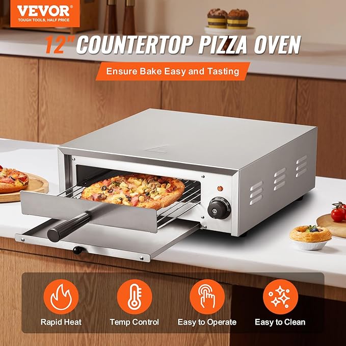VEVOR Countertop Electric Pizza Oven, 12-inch, 1500W, 122-662℉ Temp Range, Stainless Steel Construction and Easy-to-Clean Crumb Tray, Suitable for Both Commercial and Home Use