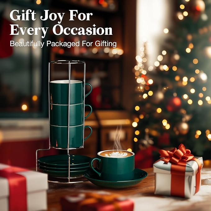 8 Ounce Green Porcelain Stackable Cappuccino Cups with Stainless Steel Holder, Set of 4, Durable Ceramic, Perfect for Home, Office or Gift