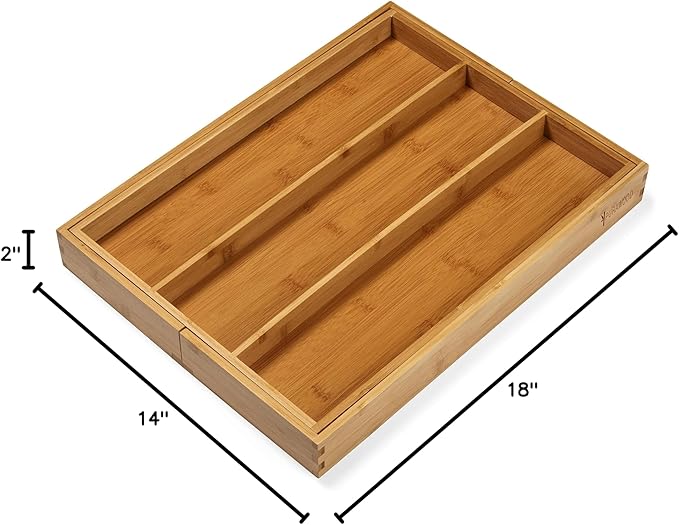 Purawood Kitchen Drawer Organizer, 2 Pack - Expandable Utensil Drawer Organizer for Kitchen, Cutlery Tray & Silverware Organizer, 3-5 Slots - Bamboo Organizer for Utensils & Flatware (Natural)