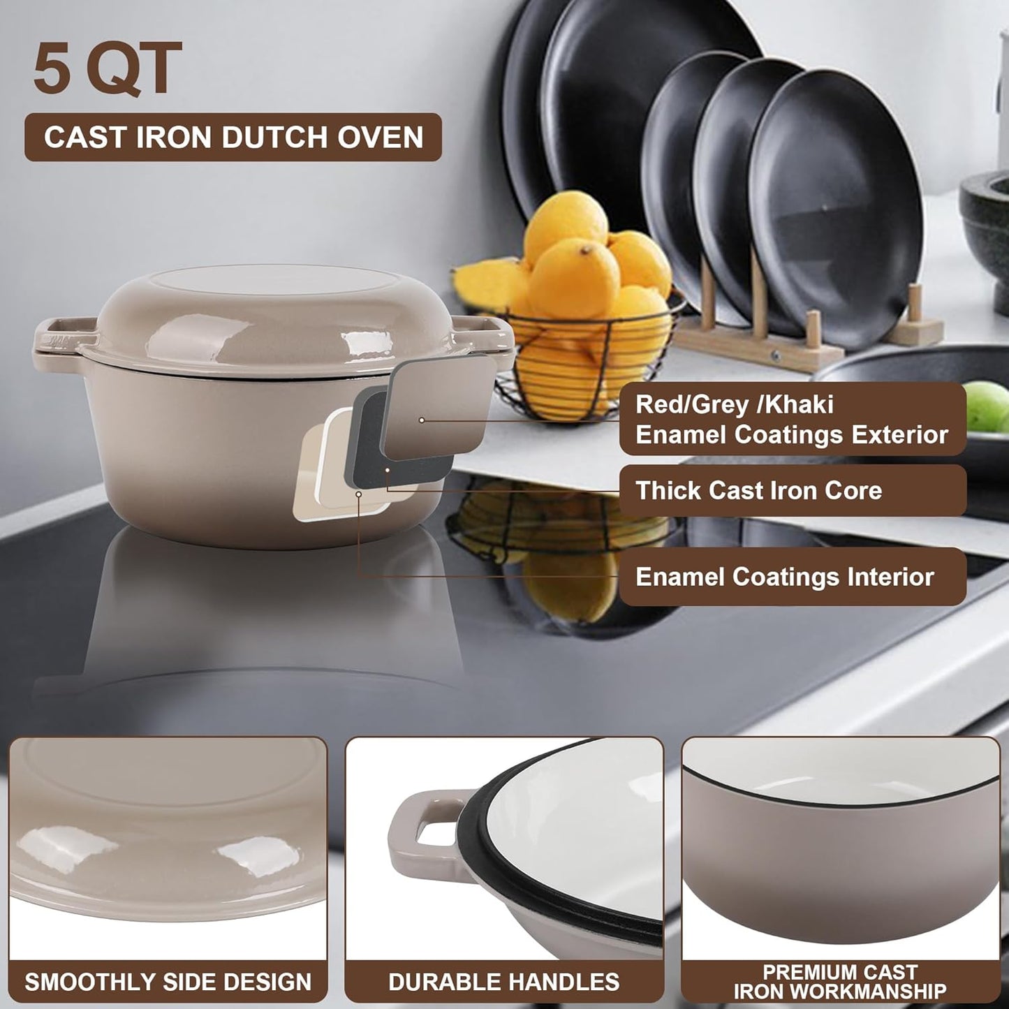 E-far 5 Quart Enameled Cast Iron Dutch Oven, 2 in 1 Dutch Oven Pot with Skillet Lid and Silicone Bread Sling, Ideal for Bread Baking, Cooking, Stewing, Frying, Induction & Oven Safe - Khaki