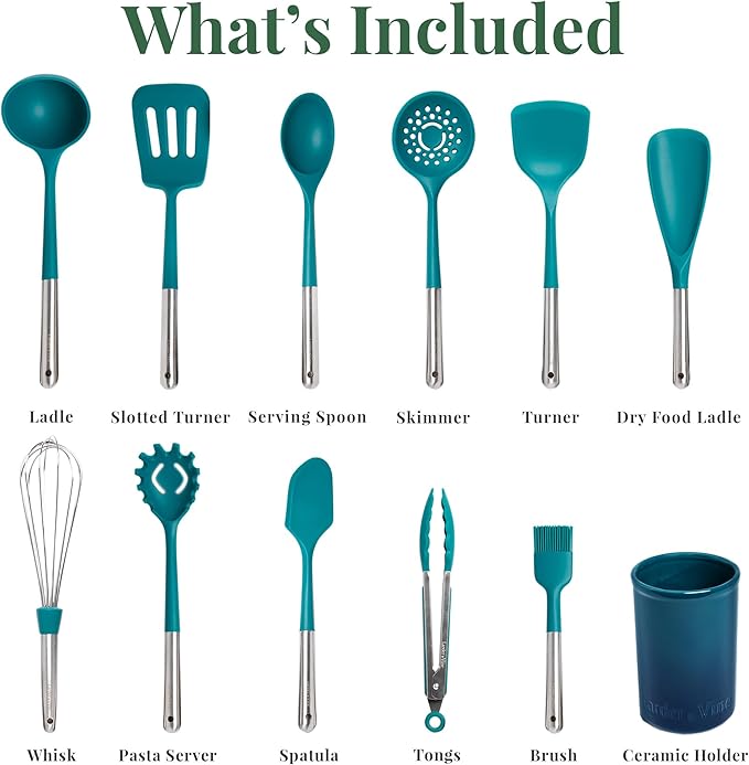 Larder & Vine 12-Piece Silicone Kitchen Cooking Utensils Set with Stainless Steel Handle and Ceramic Holder, Dishwasher Safe Set of Kitchen Essentials (Bondi)