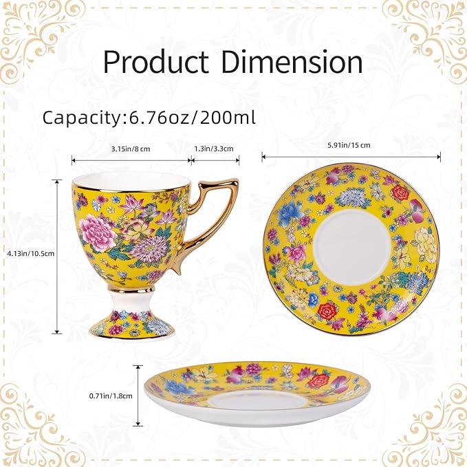 KAMMAK Tea Cups and Saucers Set of 2, Porcelain Coffee Cups with Saucer for Espresso, Cappuccino, 7oz Vintage Yellow Floral Ceramic Demitasse Mug for Home, Tea Party, Office
