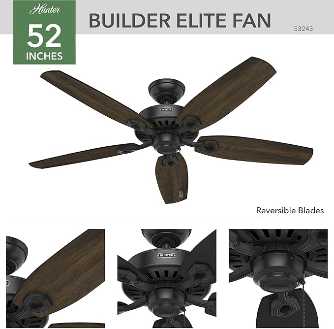 Hunter 52 inch Indoor Ceiling Fan No Light with Pull Chain - Black Ceiling Fan without Light, Standard Mount, 5 Blades, For Bedroom, Living Room, or Kitchen - Builder Elite 53243, Matte Black