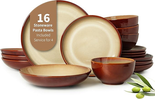 16 Piece Double Bowl Plates and Bowls Sets, Ceramic Dinnerware Sets with Pasta Bowls, Dishwasher & Microwave Safe Dish Set, Scratch Resistant Stoneware Plate Set, Service for 4 Brown Yellow