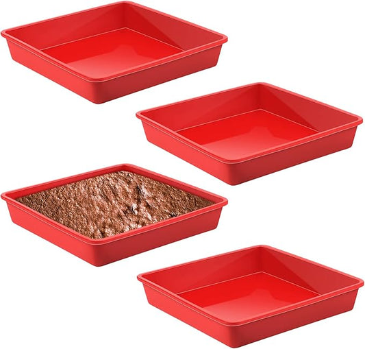 Geetery Set of 4 Silicone Square Cake Pan Silicone Brownie Pan Nonstick Baking Mold for Muffin Bread Rice Crispy Lasagna Pie, Red(7.5 x 7.5 x 1.5 Inches)