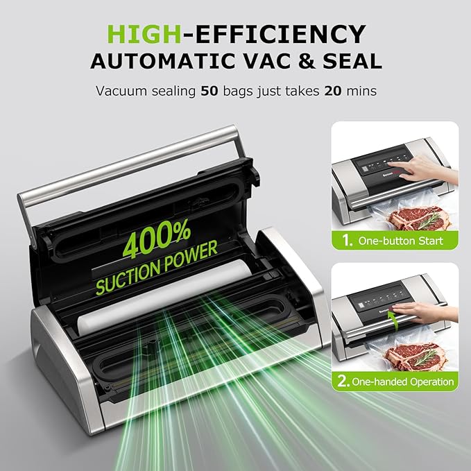 Bonsenkitchen Vacuum Sealer for Food, Easy-Lock Handle Vacuum Sealer Machine with Bag Clip, Built-in Cutter and Bag Storage for Sous Vide and Meal Prep, 1 Roll Bag & 10 Pre-Cut Bags, Silver