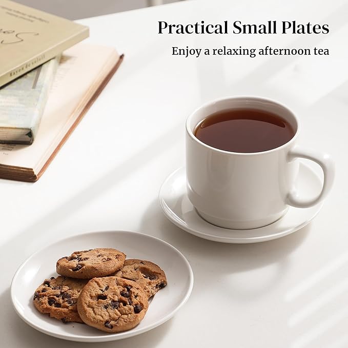 DOWAN 12oz Coffee Mugs, Cappuccino Cup and Saucer Set of 4, White Ceramic Coffee Cups for Latte/Tea/Milk, Tea Cups for Use in Office, Home and Cafes, Microwave Safe