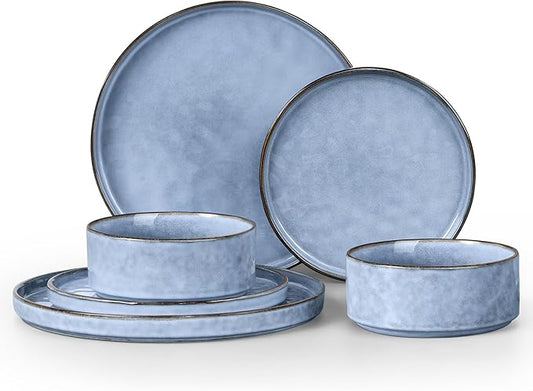 LIANYU Dinnerware Dish Sets for 2, 6 Piece Stoneware Plates and Bowls Sets, Kitchen Dinner Set for Dessert Salad Pasta, Microwave & Dishwasher Safe, Serenity Blue