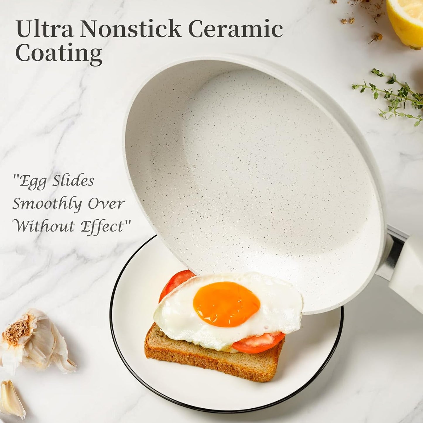 Ceramic Nonstick Frying Pan Set - White Pans With Lids, Induction Skillets for Eggs & Omelets, Healthy No Toxic Cookware, PFOA&PFAS Free