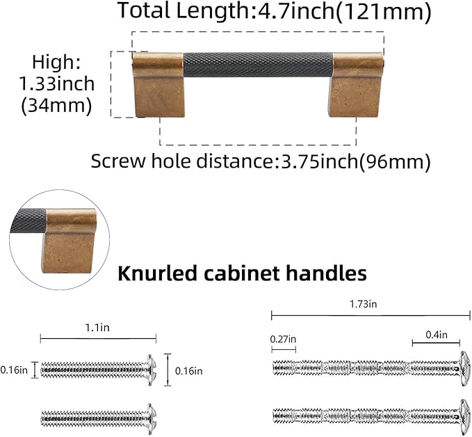 10 Pack 3-3/4 inch(96mm) Black and Antique Brass Kitchen Cabinet Handles Knurled Cabinet Pulls Black Drawer Pulls