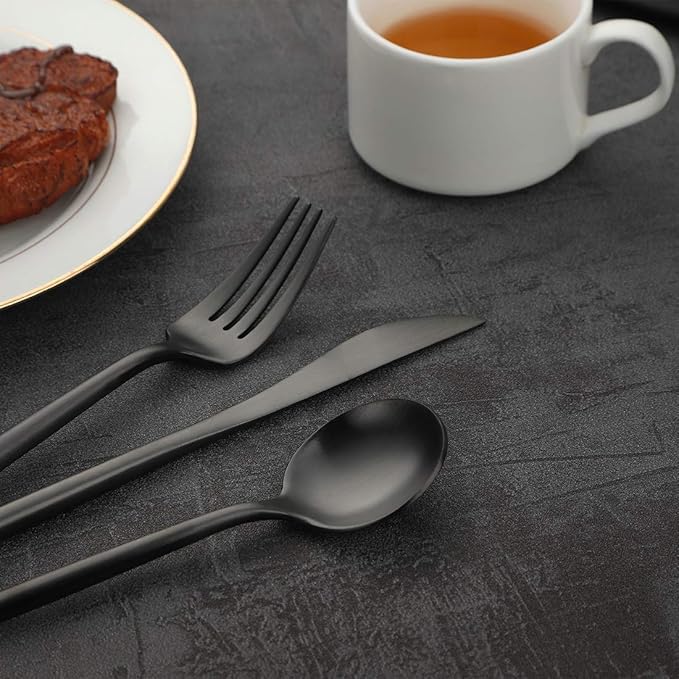 Devico Matte Silverware Set, 20-Piece 18/10 Stainless Steel Flatware Cutlery Utensils Tableware Set Service for 4, Great Gift for Friends/Family, Dishwasher Safe (4 sets, Black-A)