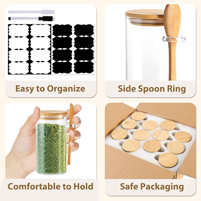12 Pack 10 oz Round Glass Spice Jars with Lids and Spoons – Airtight Small Spice Containers Set with Labels, Clear Glass Storage Jars for Seasoning, Spices, Kitchen Pantry Organization