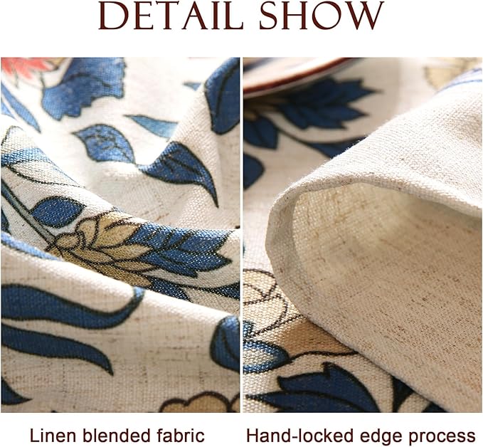 patdrea Designer Blue Tablecloth for Rectangle Tables,Vintage Linen with Leaves and Flowers Pattern Tablecloths,Farmhouse Floral Table Cover Cloth Decor for Kitchen Dining Christmas,55"*71"