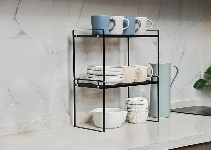 2Pack Kitchen Cabinet Shelf Counter Organizer Rack Pantry Storage Bathroom Bedroom Office Table Desk Space Saving Stackable Rust Resistant Non Slip Black Tall Wide L16.1in W10.6in H9.5in