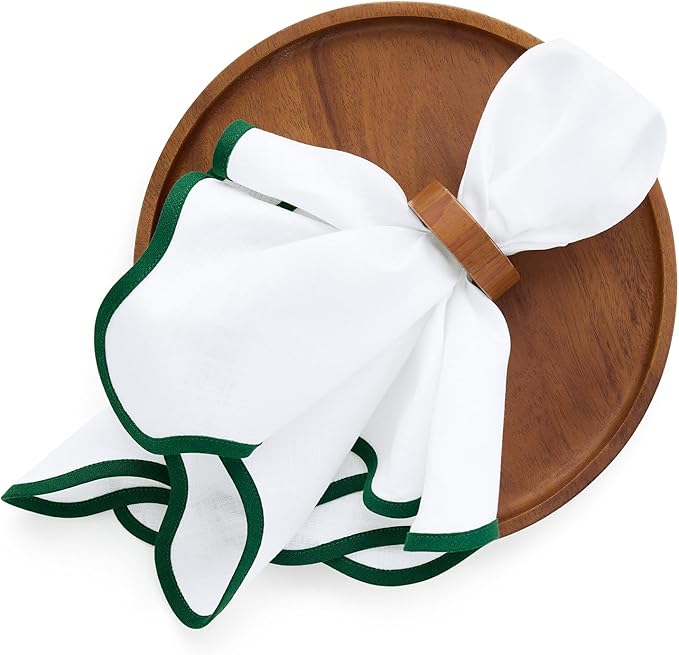 Solino Home Scallop Linen Cloth Napkins Set of 4-100% Pure Linen Christmas Green and White Dinner Napkins 20 x 20 Inch - Giselle Scallop Edge, Handcrafted and Machine Washable