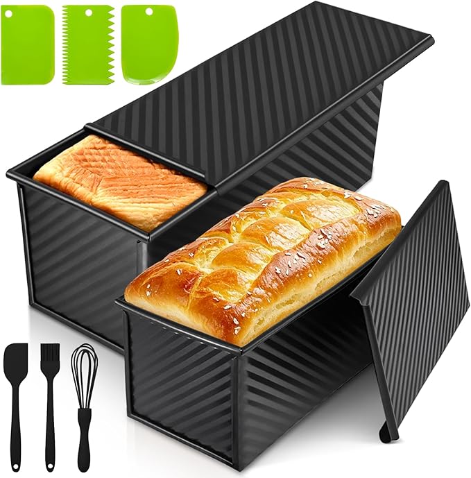 Pullman Loaf Pan Set with Lids – 2 Pack Nonstick Bread Pans for Baking, 2.2lb & 1lb Dough Capacity, Carbon Steel Sandwich Toast Mold for Shokupan, Pain de Mie & Sourdough with Baking Tools