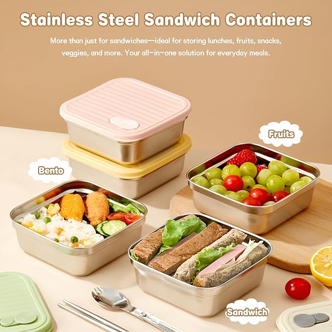 2 Pack Sandwich Containers, 20oz Stainless Steel Sandwich Box with Lids, Reusable Metal Meal Prep Lunch Boxes, BPA-Free, Dishwasher Safe, Food Storage Containers for Snacks & Fruits (White, Green)