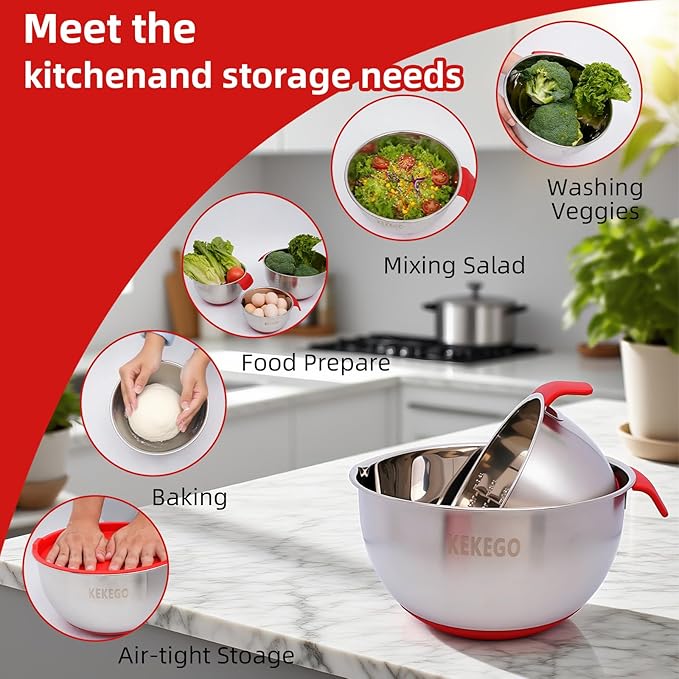 7-Piece Stainless Steel Mixing Bowls Set with Handles, Nesting Metal Bowls with Lids & Strainer, Non-Slip Base for Baking, Cooking & Meal Prep – Great Holiday Kitchen Gift (1.2/2.5/4.5 QT)